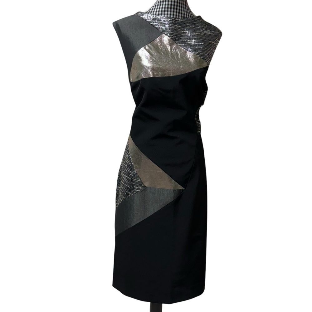 Nicole Miller Black Metallic Patchwork Tweed Leather Cap Sleeve Sheath Dress 8